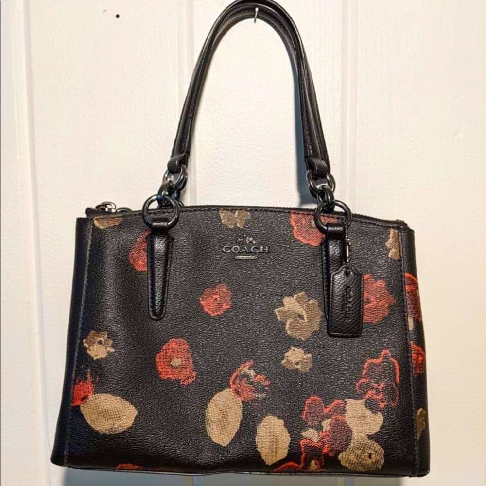 COACH Christie Carryall Mini Halftone Satchel / Hand Bag Black Floral Print